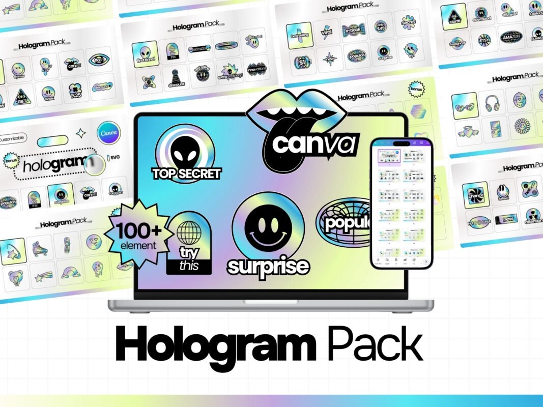 ✨1000+ Holographic Stickers for Canva! Add pro-level shine to your designs in seconds. Perfect for social media & more.